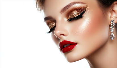 Fototapeta premium closeup of a stylish young woman with shiny golden glitter eyeshadow , red lipstick and crystal earrings, close-up portrait on a white background. Beautiful model girl in evening makeup, fashion photo