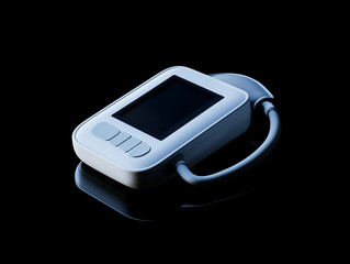 A lightweight blood pressure monitor with an intuitive digital display and adjustable cuff, elegantly placed on a reflective surface, isolated on a black background.