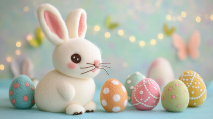 Cute, colorful felt easter eggs and bunny on a pastel background.