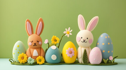 Fototapeta premium Cute, colorful felt easter eggs and bunny on a pastel background.