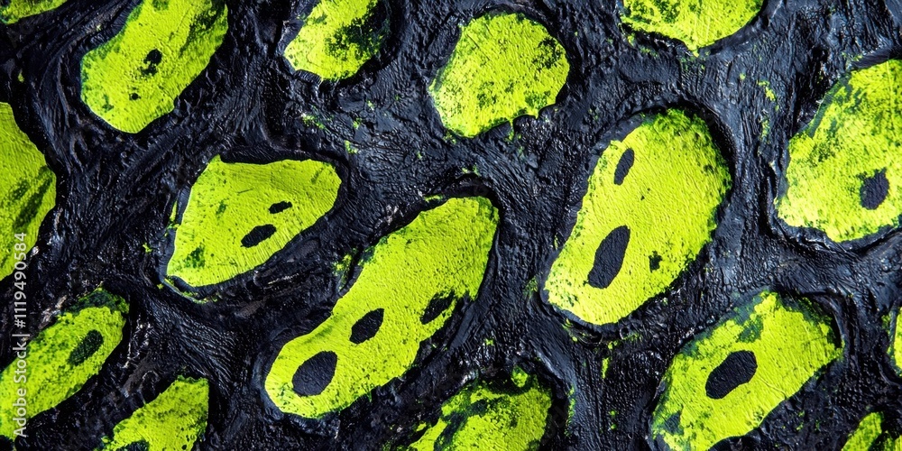 Poster green and black patterned surface with many small green circles