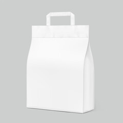 Paper stitched packaging bag with handle mockup. Half side view. Vector illustration isolated on grey background. Ready for use in presentation, promo, advertising and more. EPS10.