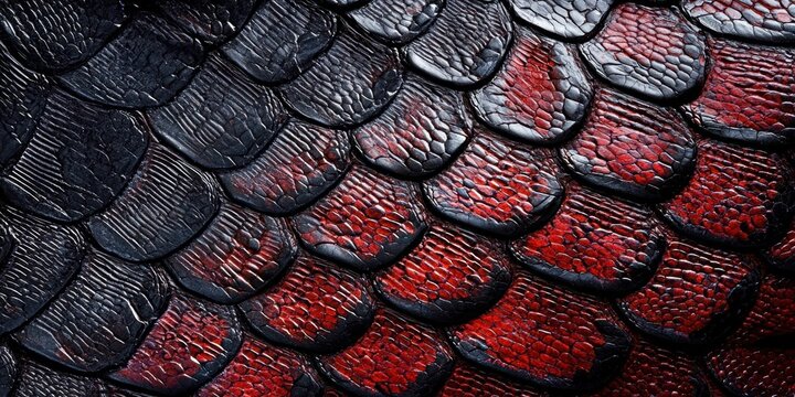 Close up of a snake's tail with red and black scales