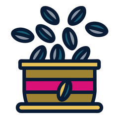 Illustration of cardamom pods spilling from a small wooden container. Perfect for culinary, organic, and spice-related themes in vector design for creative projects.


