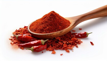 Vibrant red chili flakes and finely milled paprika on a rustic wooden spoon, isolated on a clean white background, showcasing bold and spicy flavors