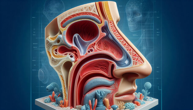 3D cross-section of a human nose, showing internal anatomy including nasal cavity, cartilage, and sinuses for educational purposes.