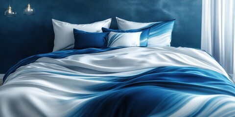 Serene Blue and White Bedding Set: Luxurious Silk Duvet Cover and Pillows in a Modern Bedroom Interior