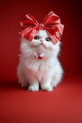 Fototapeta premium white persian cat with a huge satin red bow on its head, isolated on a red solid background, studio shot, photorealistic, portrait photography. christmas or valentines day greeting card