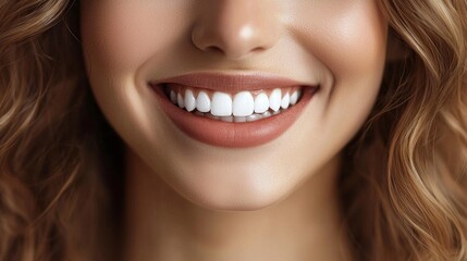 Obraz premium Bright sunlight illuminates a joyful woman with curly hair, showcasing her radiant smile and white teeth while she enjoys a lovely day in a lush park surrounded by blooming flowers