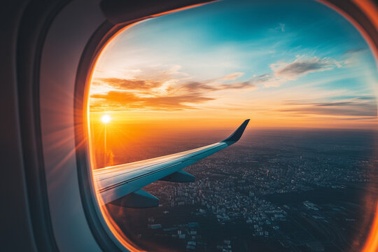 View from the porthole onto an airplane wing. Flying over the clouds. Traveling by plane. Sunset, blue sky and bright yellow sun above the horizon. View of a big city from an airplane.