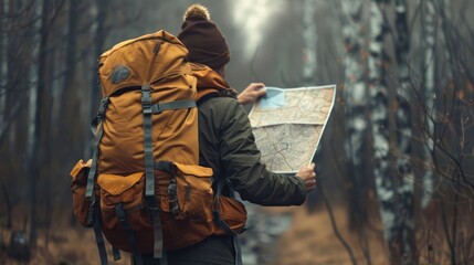Naklejka premium A man with a backpack and a hand holding map in the forest. Traveling with a backpack.