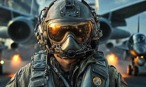Military Pilot in Advanced Helmet and Gear near Aircraft