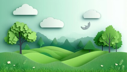 Fototapeta premium Serene Green Landscape with Paper Cut Trees and Clouds Ideal for Nature-Themed Design and Eco-Friendly Projects in a Tranquil Environment