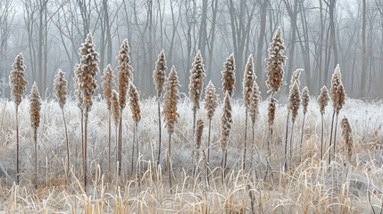 Fototapeta premium Winter morning in the woods. Frost-covered plants in the forest at sunrise