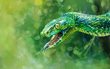 Obraz premium Wooden green snake with vibrant scales, symbolizing the Chinese New Year 2025.