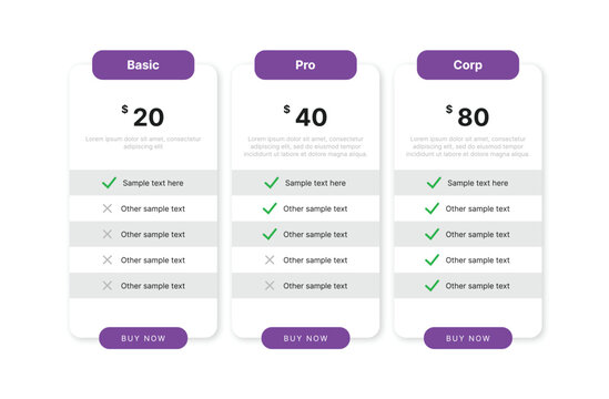 Simple pricing table layout with three subscription plans. design template for website or presentation.