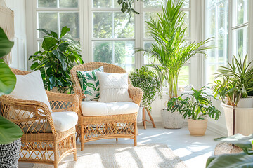 A bright and airy sunroom with houseplants and wicker furniture,