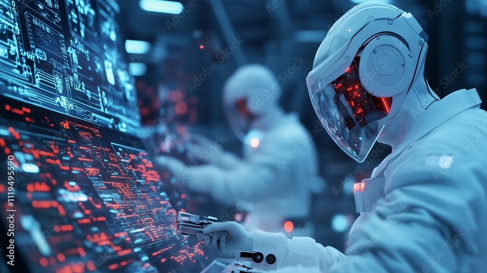 Poster scientists in futuristic suits analyzing data on advanced technology in a high-tech lab environment