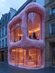 A futuristic clothing store, designed, made with glass and pink fur.