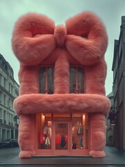 A futuristic clothing store made of red fur stands on the streets of London