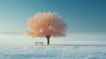 White tree, snow, bench.