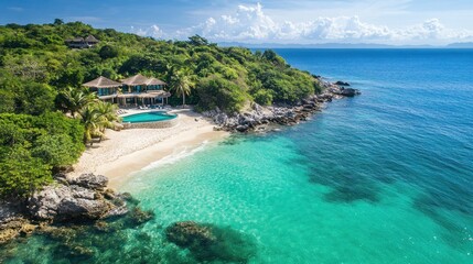 Fototapeta premium Luxury Beachfront Villa Paradise: Secluded Island Getaway
