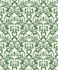 Ornate damask pattern in green and white with elaborate symmetrical floral and ornamental designs.