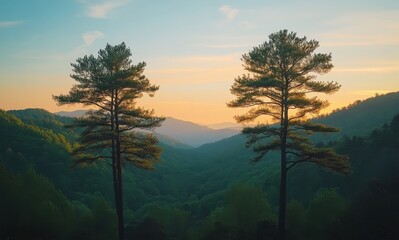 Fototapeta premium Serene Mountain Landscape with Two Tall Pine Trees Against a Colorful Sunset Backdrop Over Rolling Hills and Lush Green Forests in Tranquil Environment