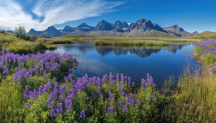 Serene Mountain Landscape with Vibrant Purple Wildflowers Reflecting in a Tranquil Lake Under a Clear Blue Sky in Iceland