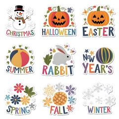 A set of seasonal and holiday themed stickers and Christmas sticker, halloween, easter 
