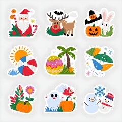Obraz premium A set of seasonal and holiday themed stickers and Christmas sticker, halloween, easter 