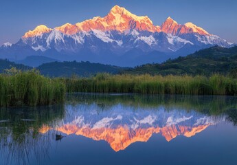 Fototapeta premium Serene Reflection of Majestic Snow-Capped Peaks at Dawn, Glowing in Warm Sunrise Colors with Lush Greenery and Tranquil Water Below