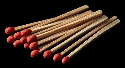 A close up of a set of wooden matches arranged on an isolated dark background. The match heads are red in color and the wooden sticks have a natural texture. The sticks are ready to use.
