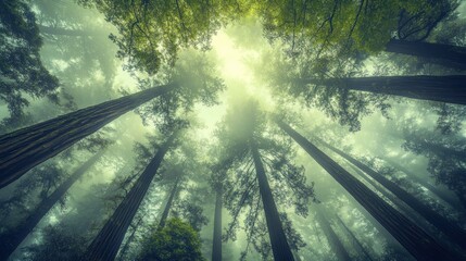 Mystical Redwood Forest: A Low-Angle View of Towering Trees in Fog