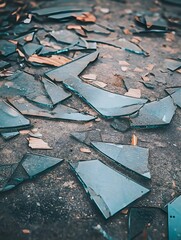 Shattered broken glass debris pieces on the ground