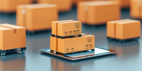 modern trade concept. Modern trade inventory management with real-time data on tablet, efficient logistics, 3D illustration