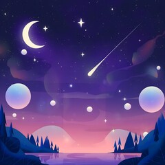 Dreamy celestial illustration of the night sky with stars and a crescent moon.