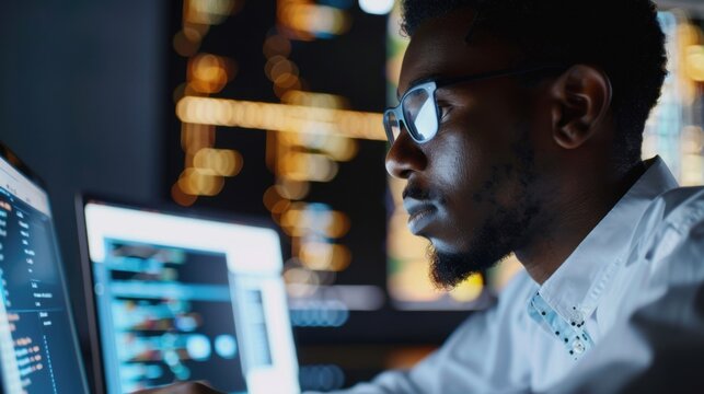 African american engineer updating AI systems, writing intricate binary code scripts on laptop. Tech support using programming to upgrade artificial intelligence simulation model