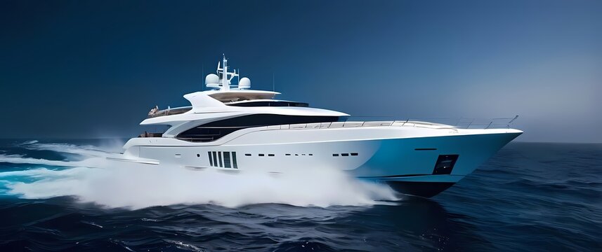 A closeup of a sleek white luxury yacht cutting through a deep blue ocean with waves splashing around its bow