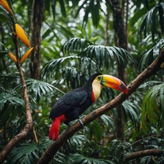 Obraz premium A colorful toucan perched on a branch in the tropical rainforest.