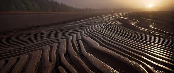 A closeup of heavy machinery tracks imprinted in mud creating sharp geometric patterns