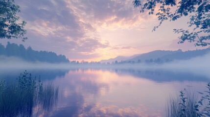 Fototapeta premium Serene Landscape with Calm Lake and Reflecting Sunrise Colors