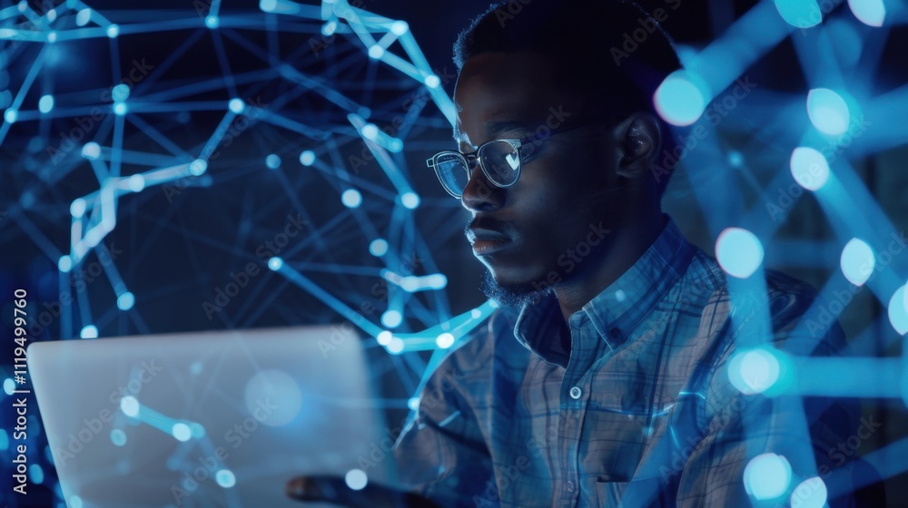 Poster african american engineer using laptop to maintenance artificial intelligence neural networks made u