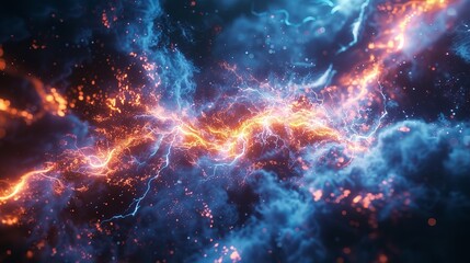 Fototapeta premium This photo depicts a striking abstract image of a blue and black background illuminated by multiple lightning strikes