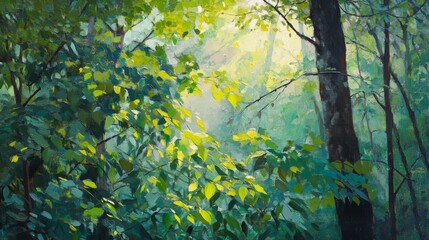 Lush Green Forest Scene with Vibrant Light and Foliage Details