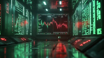 Futuristic server room displaying stock market data on large monitors.
