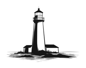 Black and White Lighthouse Illustration on Ocean Waves