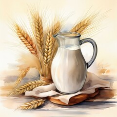 A charming watercolor of milk and wheat, perfect for eco-brands and food blogs celebrating rustic farm life.