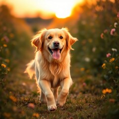 Obraz premium a dog running through a field of flowers at sunset