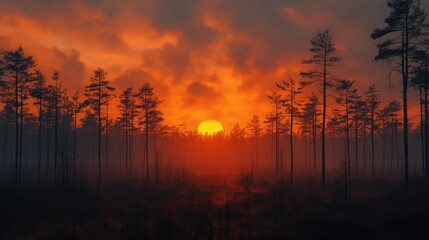 Obraz premium Fiery sunset casting an orange glow over a misty pine forest.